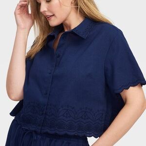 Short Sleeve Scalloped Hem Embroidered Shirt Navy  Roller Rabbit x Target